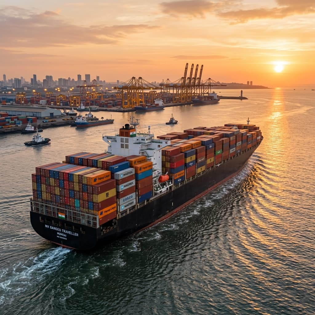 Container ship loaded with export cargo